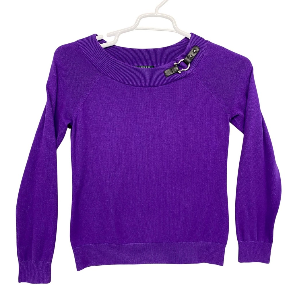 Lauren Ralph Lauren Purple Ribbed Knit Sweater Buckle Detail Long Sleeve Women M - Picture 2 of 10